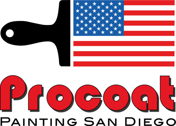 This is an image from Procoat Painting San Diego, located in California. The logo for Procoat Painting San Diego features bold red lettering with an American flag graphic above the company name.