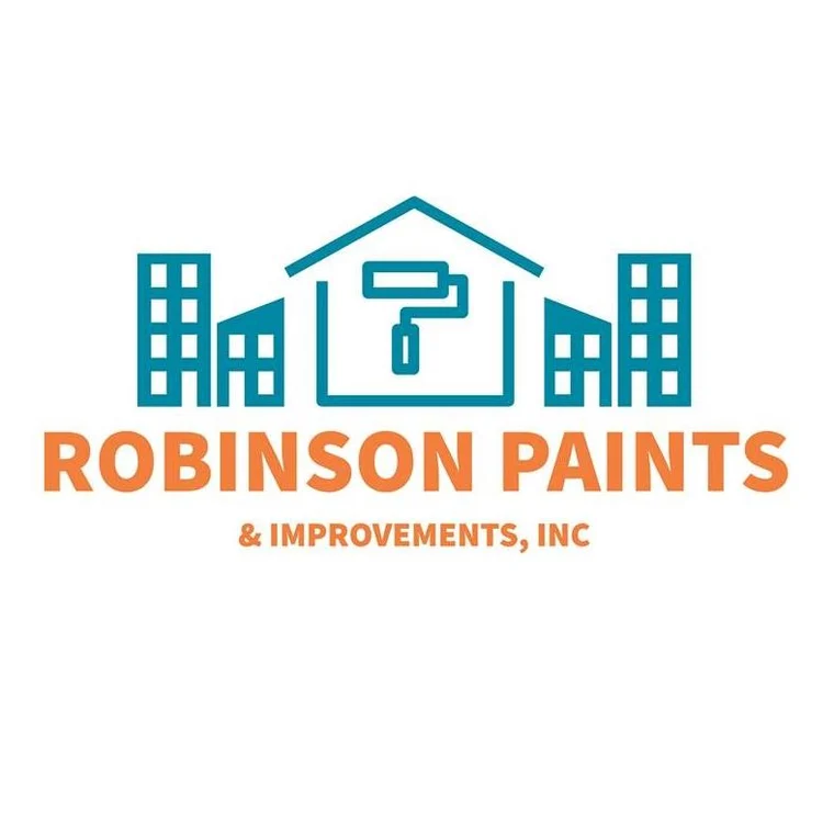 This is an image from Robinson Paints & Improvements, Inc., located in Washington. The logo for Robinson Paints & Improvements, Inc. features orange company text with a teal house, building, and paint roller design representing the painting and improvement company.