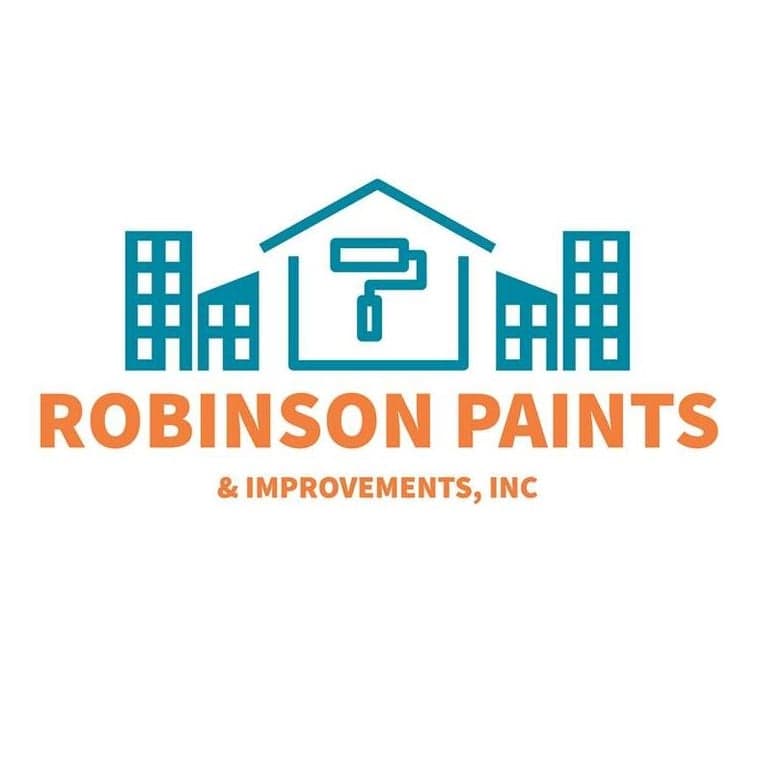 This is an image from Robinson Paints & Improvements, Inc., located in Washington. The logo for Robinson Paints & Improvements, Inc. features orange company text with a teal house, building, and paint roller design representing the painting and improvement company.