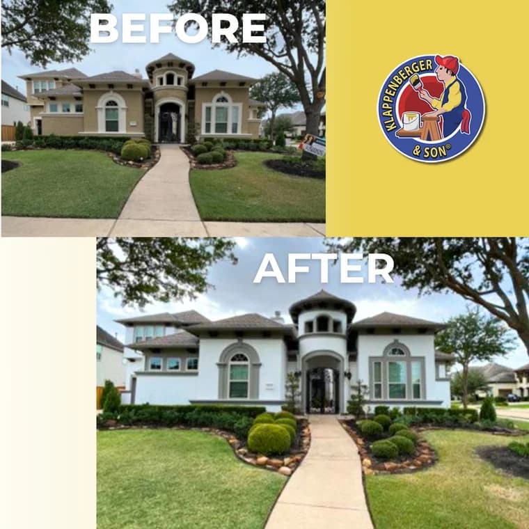 This is an image from Klappenberger & Son, located in Maryland. The before-and-after exterior photos show a stucco home updated from a tan finish to a crisp white and gray color scheme.