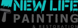 This is an image from New Life Painting & Restoration, located in California. The logo for New Life Painting & Restoration features bold teal and black lettering with a paint roller graphic, representing professional painting and restoration services.