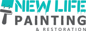 This is an image from New Life Painting & Restoration, located in California. The logo for New Life Painting & Restoration features bold teal and black lettering with a paint roller graphic, representing professional painting and restoration services.