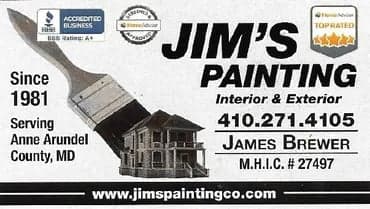 This is an image from Jim’s Painting Company, located in Maryland. The logo for Jim’s Painting Company features a large paintbrush brushing over a house illustration, with text highlighting their interior and exterior painting services and contact information.
