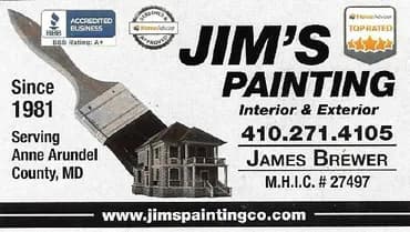 This is an image from Jim’s Painting Company, located in Maryland. The logo for Jim’s Painting Company features a large paintbrush brushing over a house illustration, with text highlighting their interior and exterior painting services and contact information.