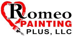 Romeo Painting Plus, LLC company logo featuring a red heart outline with a paintbrush design, emphasizing painting services.