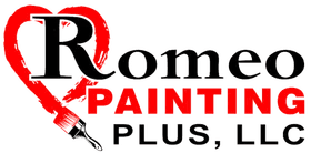 Romeo Painting Plus, LLC company logo featuring a red heart outline with a paintbrush design, emphasizing painting services.
