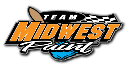 This is an image from Midwest Paint LLC, located in Iowa. The logo for Team Midwest Paint features bold orange and white lettering with racing-style graphics and a dynamic Midwest-themed design.