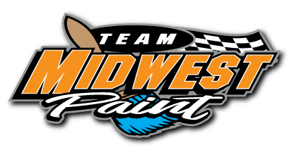 This is an image from Midwest Paint LLC, located in Iowa. The logo for Team Midwest Paint features bold orange and white lettering with racing-style graphics and a dynamic Midwest-themed design.