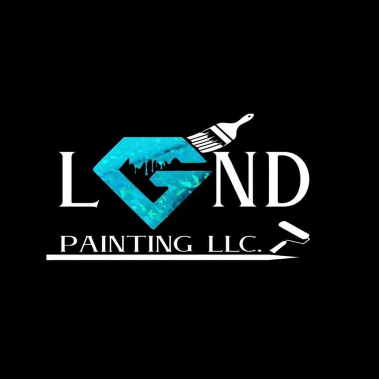 This is an image from LGND Painting company, located in Tucson, AZ The image is a LGND Painting LLC logo featuring turquoise diamond-shaped G with paint drips, paintbrush, and paint roller on black background.