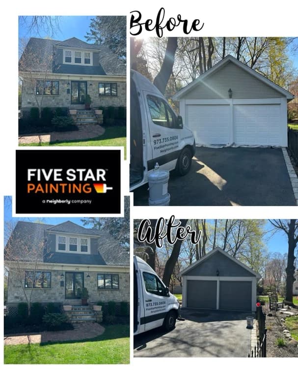Another before-and-after collage showing a house and detached garage repainted by Five Star Painting of Bergen County, updated from lighter tones to darker, sleeker colors.