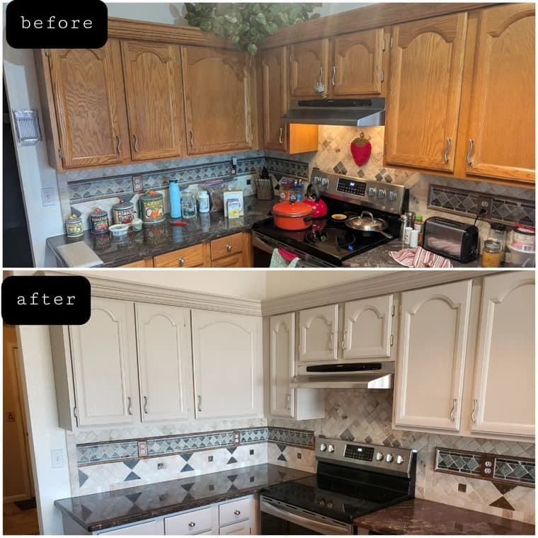 This is an image from Brush Brothers Painting LLP company, located inGolden, CO The image is a before and after kitchen cabinet painting, transforming dark oak wood cabinets into light beige painted cabinets with updated modern finish by Brush Brothers Painting LLP.