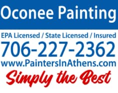 This is an image from Oconee Painting, located in Georgia. The logo for Oconee Painting features bold blue and red text with the company phone number, website, and “Simply the Best” tagline.