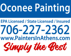 This is an image from Oconee Painting, located in Georgia. The logo for Oconee Painting features bold blue and red text with the company phone number, website, and “Simply the Best” tagline.