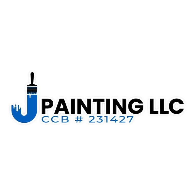 This is an image from J Painting LLC company, located in Portland, OR The image is a J Painting LLC logo featuring a blue letter J shaped like a paintbrush with dripping paint, accompanied by company name and Oregon CCB license number 231427