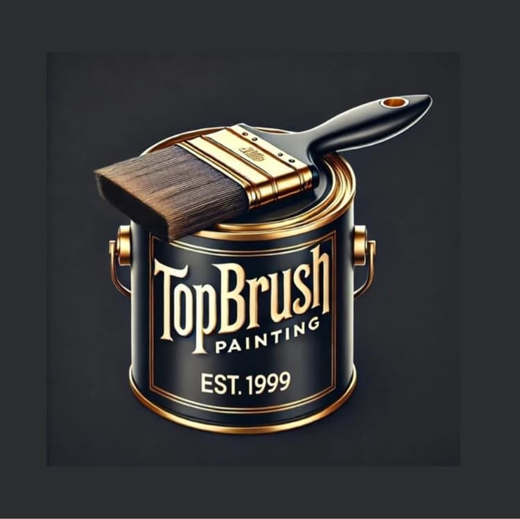 This is an image from TopBrush Painting company, located in Altamonte Springs, FL. The image is a TopBrush Painting company logo featuring a gold-accented black paint can with a professional paintbrush resting on top, established in 1999