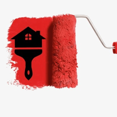 This is the logo for Eli Painting. It shows a red paint roller with a paint streak, featuring a black house silhouette with a brush inside, symbolizing residential painting services.