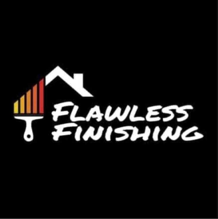 This is an image from Flawless Finishing, located in Illinois. The logo for Flawless Finishing features white brush-style lettering with a house roof icon and a paintbrush graphic with yellow, orange, and red paint stripes.