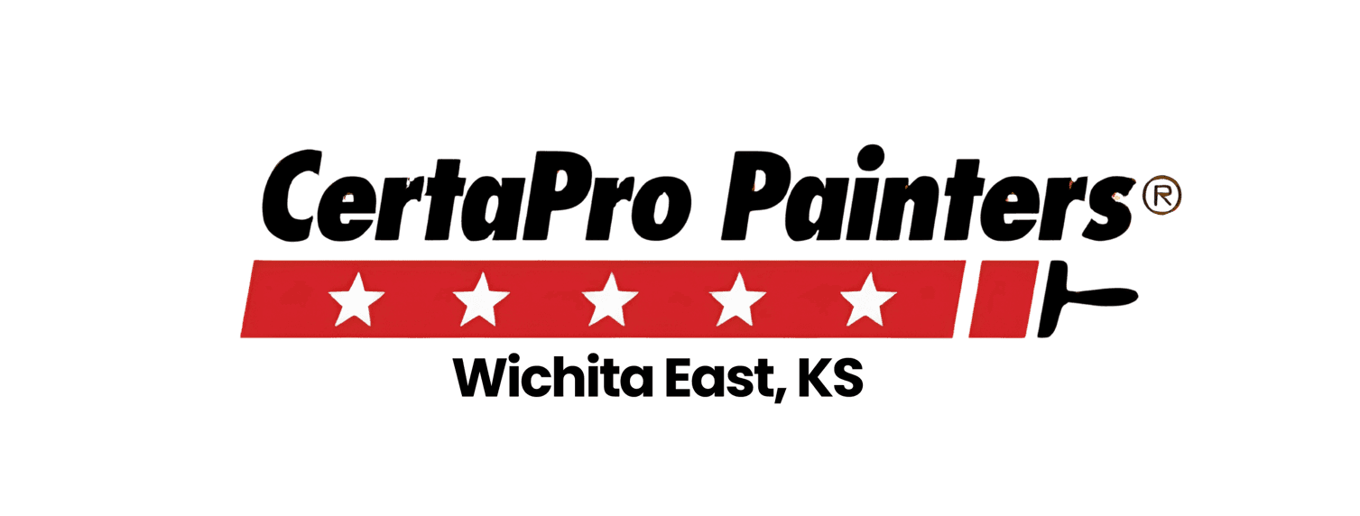 This is an image from CertaPro Painters of Wichita East KS. The image shows the CertaPro Painters logo with five white stars on a red banner beneath the bold black company name..