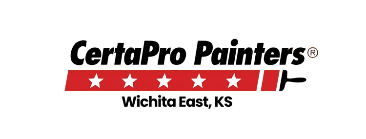 This is an image from CertaPro Painters of Wichita East KS. The image shows the CertaPro Painters logo with five white stars on a red banner beneath the bold black company name..