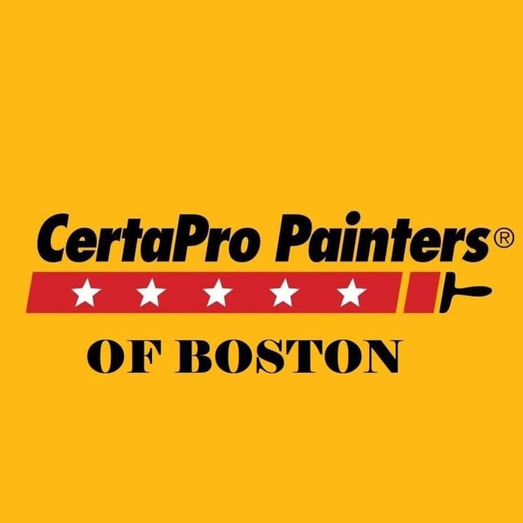 This is the logo of CertaPro Painters of the South Shore and Boston. The design shows the company name in bold black text above a red bar with five white stars and a black paintbrush icon, set against a gold background.
