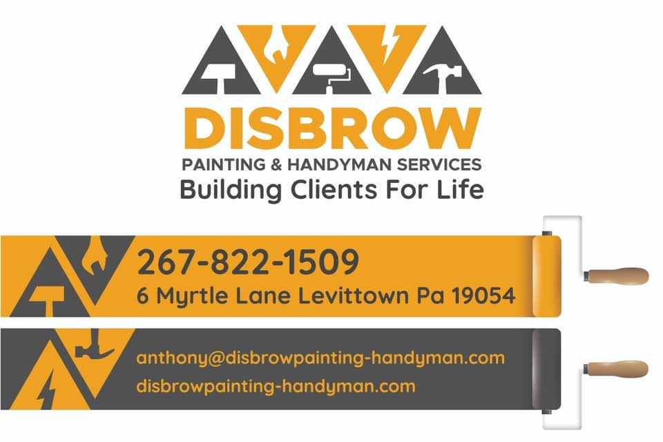 This is an image from Disbrow Painting And Handyman Services company, located in Levittown, PA. The image is a Disbrow Painting & Handyman Services logo with phone number and website contact details.