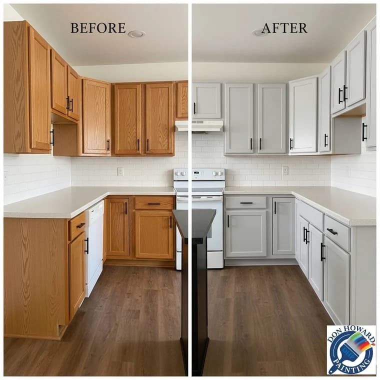 This is an image from Don Howard Painting, located in Ohio. The before-and-after kitchen cabinet comparison shows natural oak cabinets transformed into smooth light gray cabinets with updated black hardware.