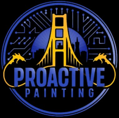 This is an image from Proactive Painting, located in California. The logo for Proactive Painting features a stylized Golden Gate Bridge inside a circular badge with blue and yellow accents, combining city imagery with a modern, professional painting brand design.