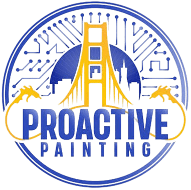 This is an image from Proactive Painting, located in California. The logo for Proactive Painting features a stylized Golden Gate Bridge inside a circular badge with blue and yellow accents, combining city imagery with a modern, professional painting brand design.