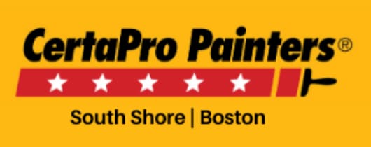 This is the logo of CertaPro Painters of the South Shore and Boston. The design shows the company name in bold black text above a red bar with five white stars and a black paintbrush icon, set against a gold background.