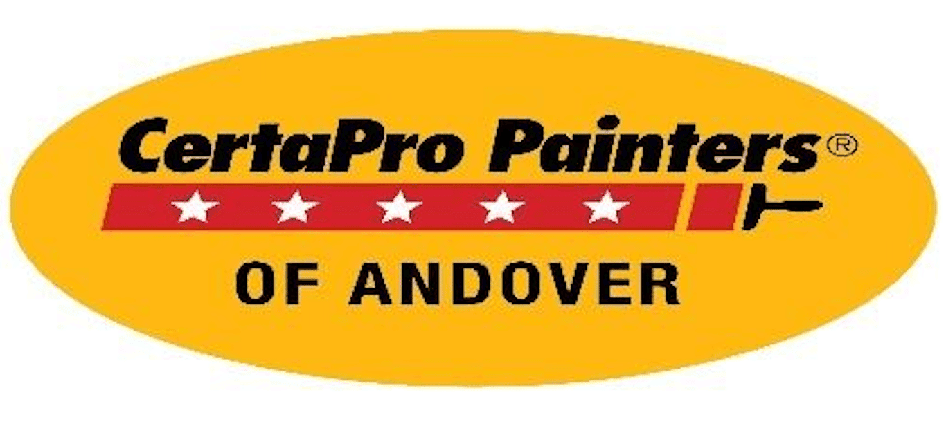 This is the logo for CertaPro Painters of Andover, MA. The design uses a bright yellow background with the company’s name in bold black font, accompanied by a red paintbrush graphic with white stars.