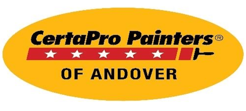 This is the logo for CertaPro Painters of Andover, MA. The design uses a bright yellow background with the company’s name in bold black font, accompanied by a red paintbrush graphic with white stars.