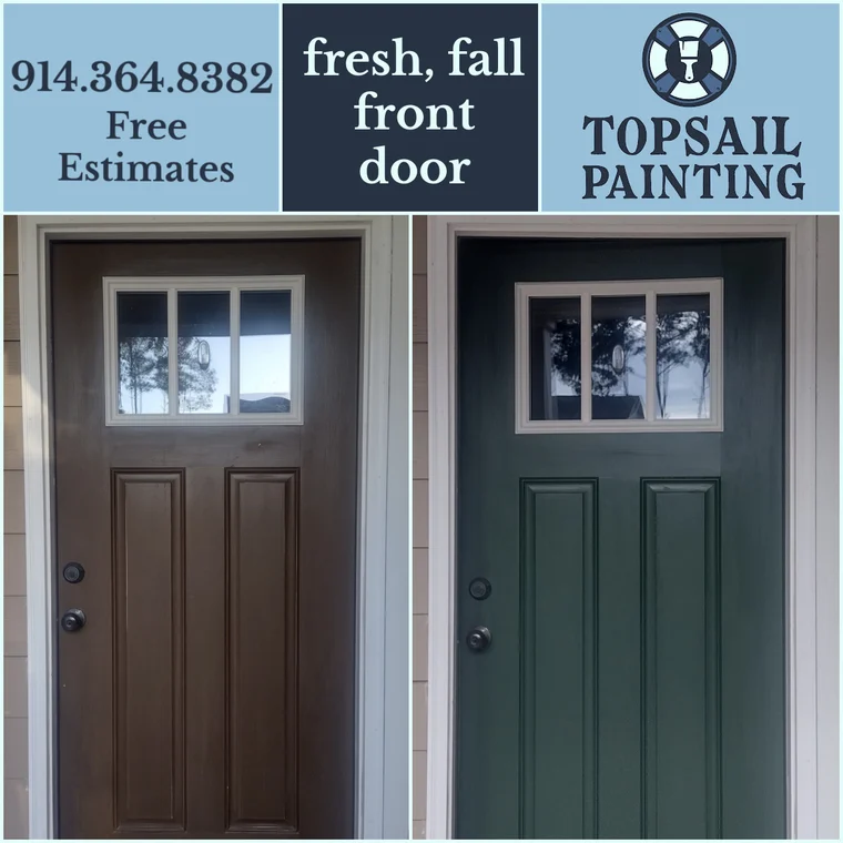 This is an image from Topsail Painting, located in North Carolina. This is a before-and-after comparison of a front door painted by Topsail Painting, showing the transformation from a dark brown finish to a deep green with a white window frame.