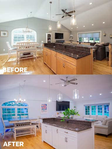 This is an image from CertaPro Painters of Woburn, Massachusetts. The photo shows a before-and-after transformation of a kitchen and dining area, with the cabinetry repainted from natural wood to crisp white, brightening the space and enhancing its modern look.