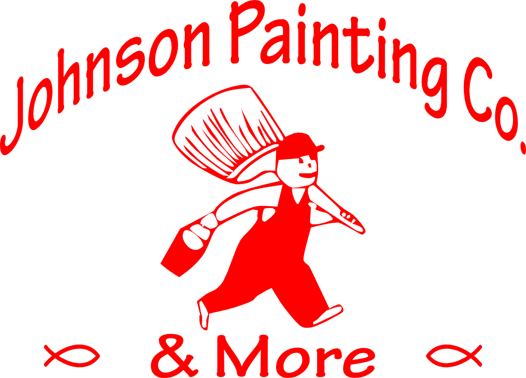 This is an image from Johnson Painting Co. & More, located in North Carolina. The logo for Johnson Painting Co. & More features a cheerful painter in red overalls carrying a large paintbrush and bucket, with the company name written in bold red text above and below the character.