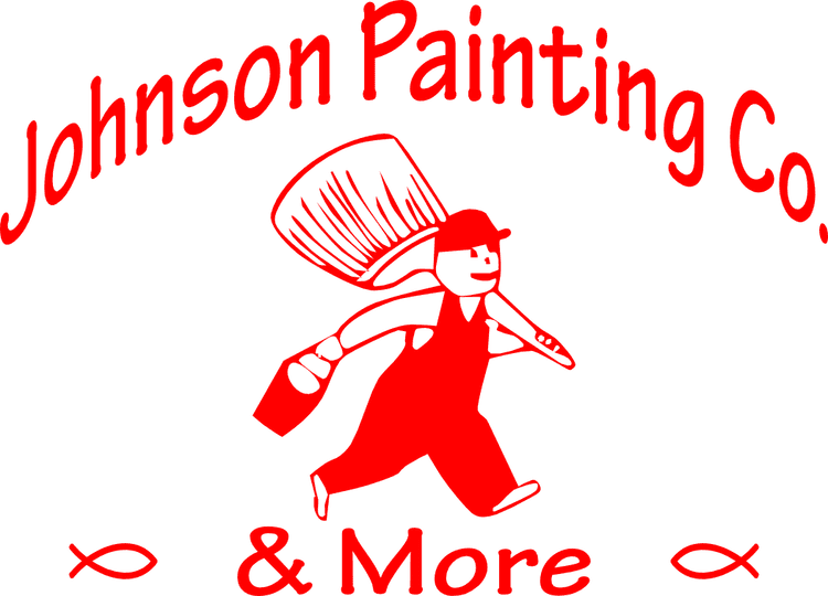 This is an image from Johnson Painting Co. & More, located in North Carolina. The logo for Johnson Painting Co. & More features a cheerful painter in red overalls carrying a large paintbrush and bucket, with the company name written in bold red text above and below the character.