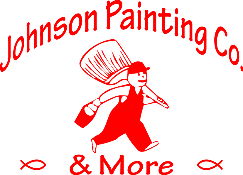This is an image from Johnson Painting Co. & More, located in North Carolina. The logo for Johnson Painting Co. & More features a cheerful painter in red overalls carrying a large paintbrush and bucket, with the company name written in bold red text above and below the character.