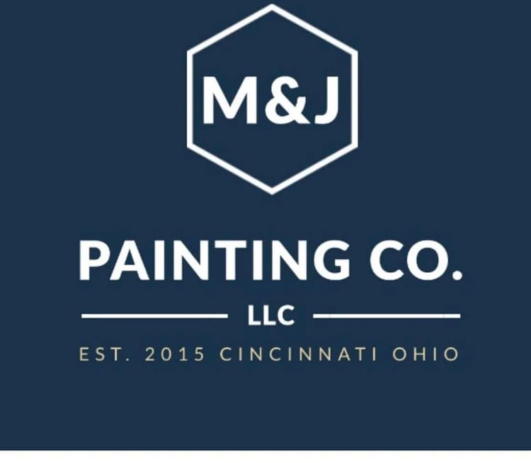 This is an image from M&J Painting Co., located in Ohio. The logo for M&J Painting Co. features a white hexagon outline with bold white text on a dark blue background reading 'M&J Painting Co. LLC Est. 2015 Cincinnati Ohio.