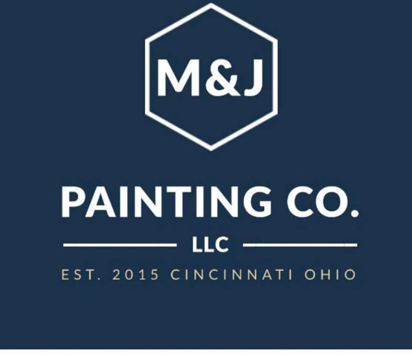 This is an image from M&J Painting Co., located in Ohio. The logo for M&J Painting Co. features a white hexagon outline with bold white text on a dark blue background reading 'M&J Painting Co. LLC Est. 2015 Cincinnati Ohio.