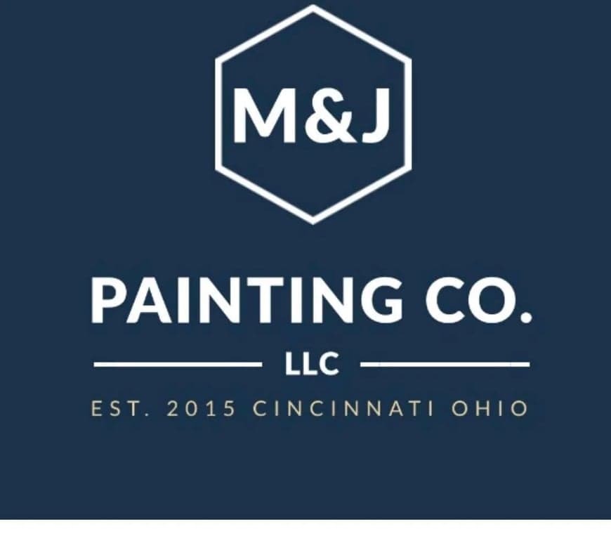 This is an image from M&J Painting Co., located in Ohio. The logo for M&J Painting Co. features a white hexagon outline with bold white text on a dark blue background reading 'M&J Painting Co. LLC Est. 2015 Cincinnati Ohio.