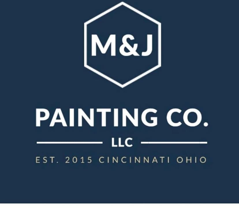 This is an image from M&J Painting Co., located in Ohio. The logo for M&J Painting Co. features a white hexagon outline with bold white text on a dark blue background reading 'M&J Painting Co. LLC Est. 2015 Cincinnati Ohio.