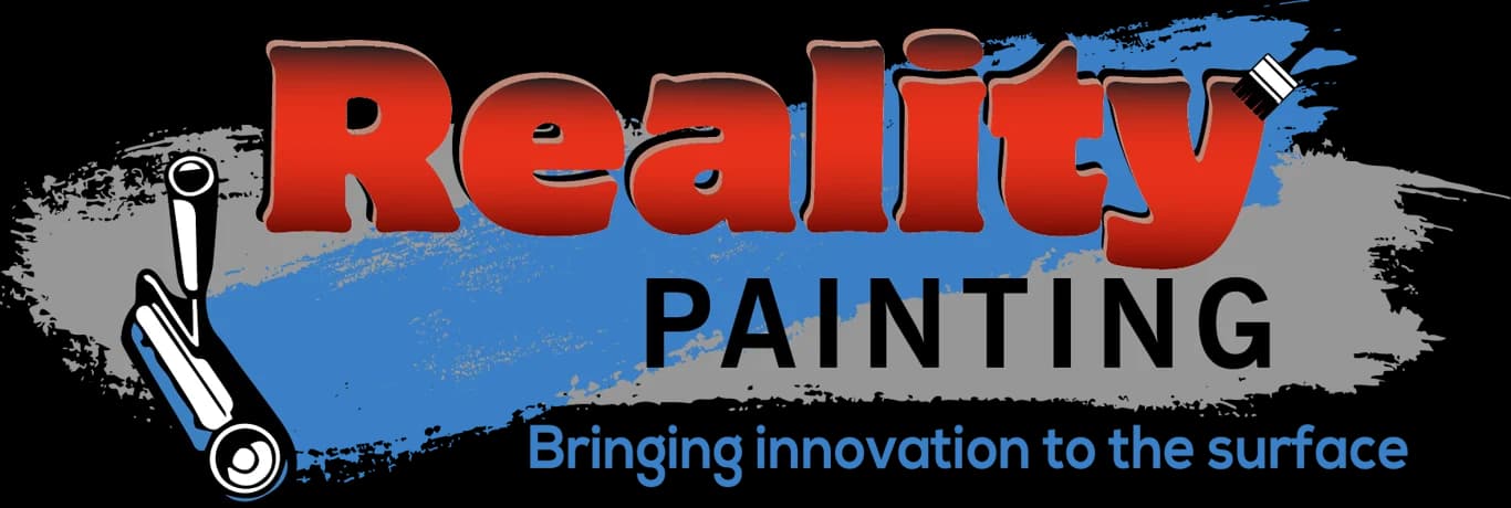 This is an image from Reality Painting LLC, located in Washington. The logo for Reality Painting LLC features bold red lettering over gray and blue paint strokes with a paint roller, paintbrush, and the tagline “Bringing innovation to the surface.”