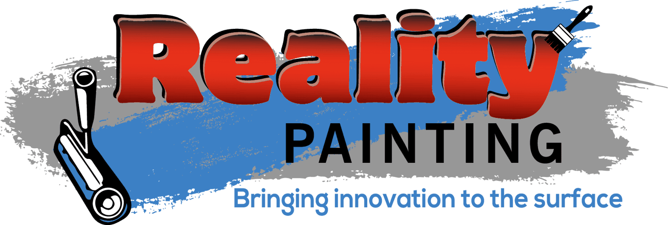 This is an image from Reality Painting LLC, located in Washington. The logo for Reality Painting LLC features bold red lettering over gray and blue paint strokes with a paint roller, paintbrush, and the tagline “Bringing innovation to the surface.”