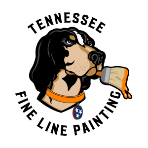 This is an image fromTennessee Fine Line Painting restoration and handyman duties, located in Tennessee. The image is a Tennessee Fine Line Painting logo featuring a dog holding a paintbrush with orange paint and a Tennessee tag collar.