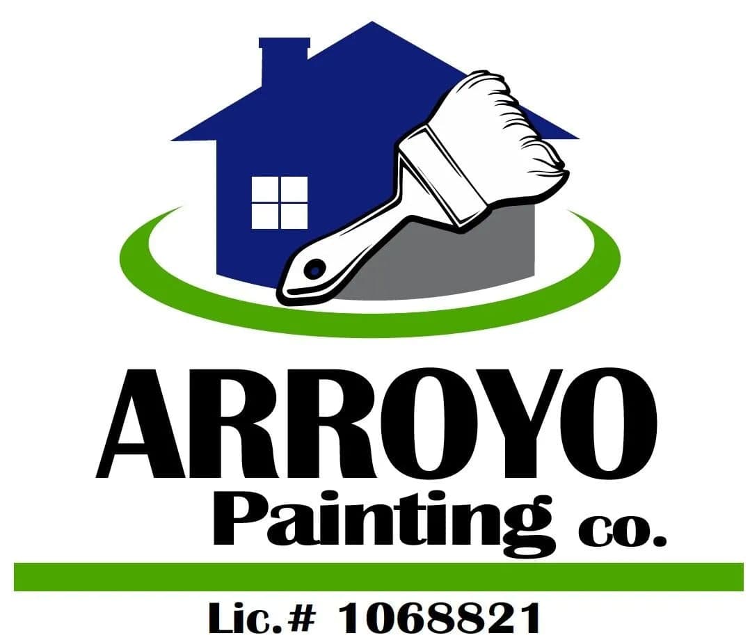 This is an image from Arroyo Painting Co., located in California. The image shows the company’s professional logo featuring a stylized house icon with a paintbrush graphic, bold black and green branding elements, and the business name “Arroyo Painting Co.” along with a visible contractor license number, representing licensed residential painting services, exterior painting expertise, and professional craftsmanship.