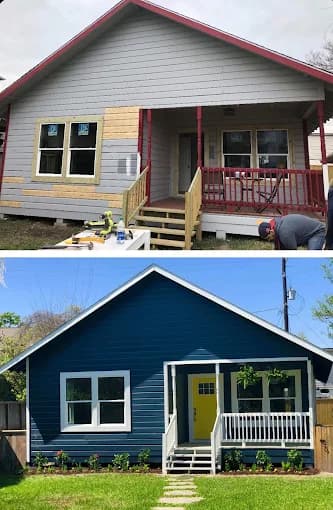 This is an image from DABS Painting, located in Texas. The before-and-after exterior photo shows a small home updated with dark blue siding, white trim, and a bright yellow front door.
