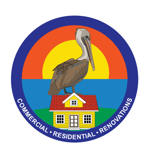 This is an image from Pelican Paint Group, located in Louisiana. The logo for Pelican Paint Group features a pelican standing on a house roof with a bright sunset and ocean background, surrounded by text highlighting their commercial, residential, and renovation services.
