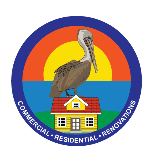 This is an image from Pelican Paint Group, located in Louisiana. The logo for Pelican Paint Group features a pelican standing on a house roof with a bright sunset and ocean background, surrounded by text highlighting their commercial, residential, and renovation services.