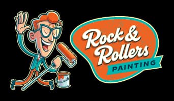 This is an image from Rock & Rollers Painting, located in California. The image shows the Rock & Rollers Painting logo featuring a cartoon painter character alongside bold, retro-style lettering with paint-themed graphics.