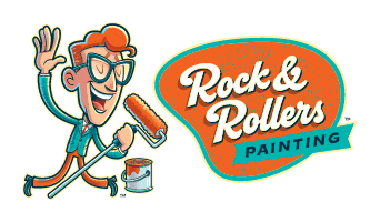 This is an image from Rock & Rollers Painting, located in California. The image shows the Rock & Rollers Painting logo featuring a cartoon painter character alongside bold, retro-style lettering with paint-themed graphics.