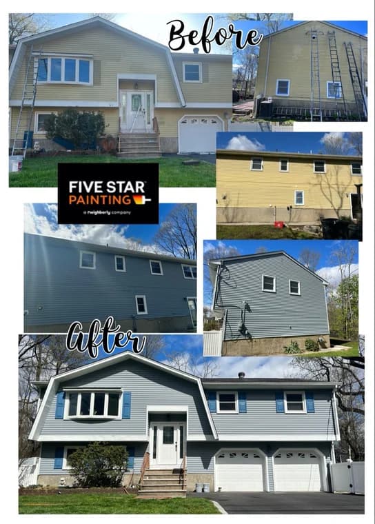 A collage showing the repainting of a yellow two-story house by Five Star Painting of Bergen County, transformed into a modern gray with blue shutters.